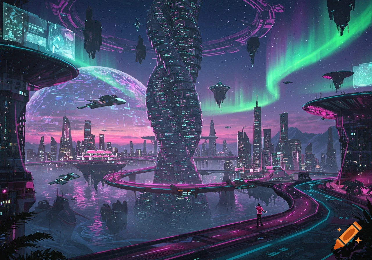 A vibrant, futuristic city at night with neon-lit buildings, flying vehicles, and a shimmering aurora in the sky.