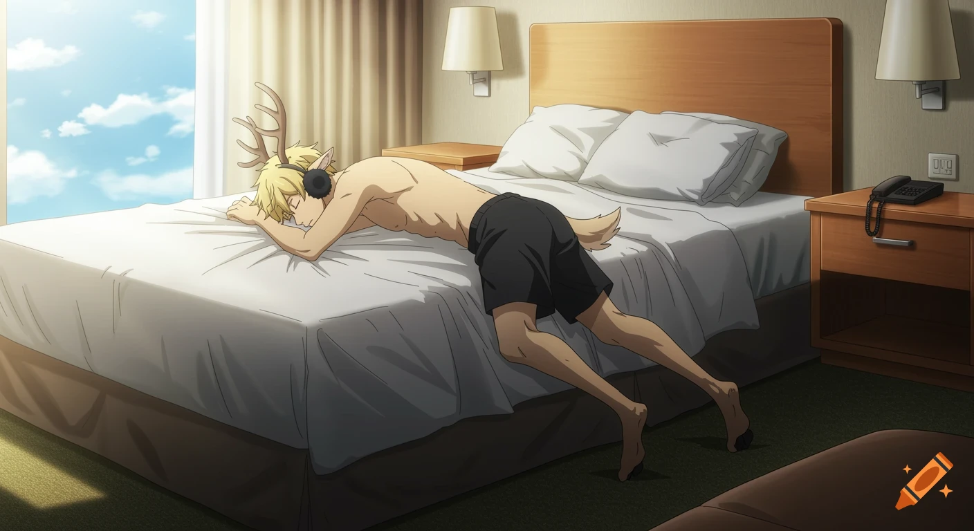 Blond satyr in black shorts and earmuffs sleeping face down on a hotel bed, anime style.