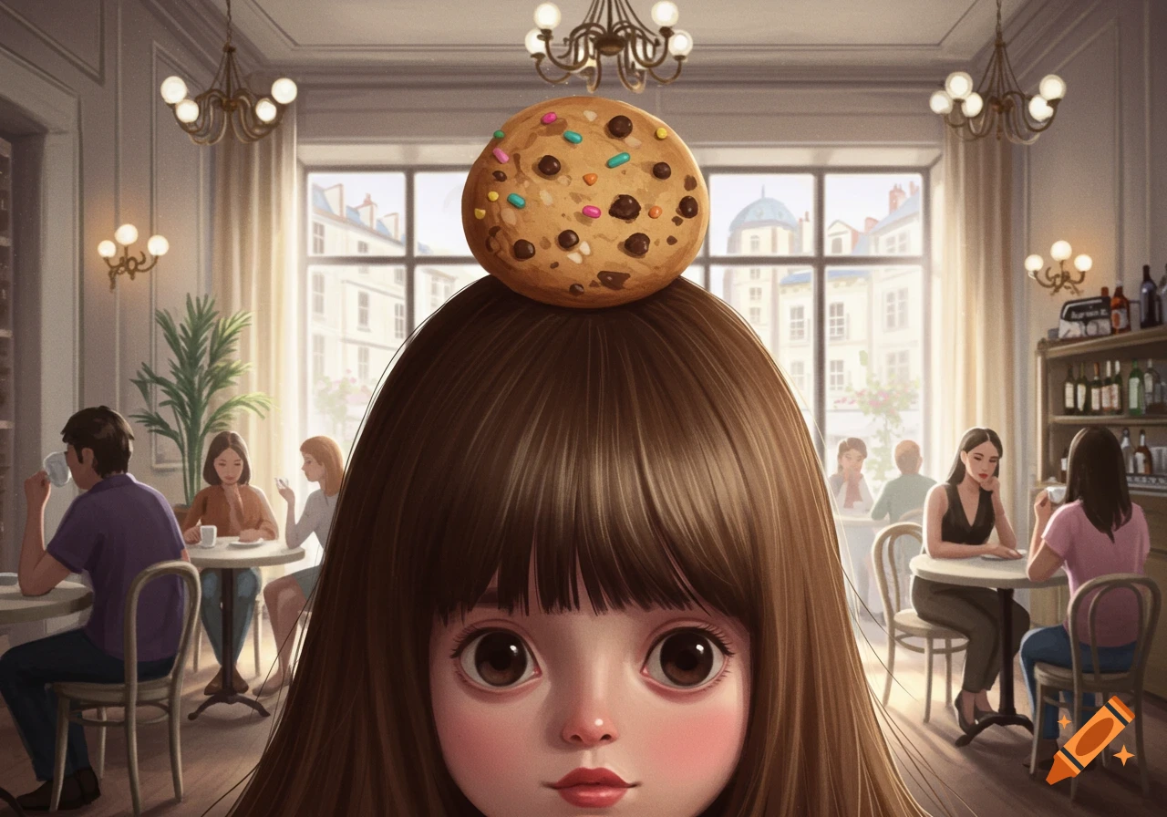 A stylized character with big eyes and brown hair has a chocolate chip cookie on her head in a cafe setting.