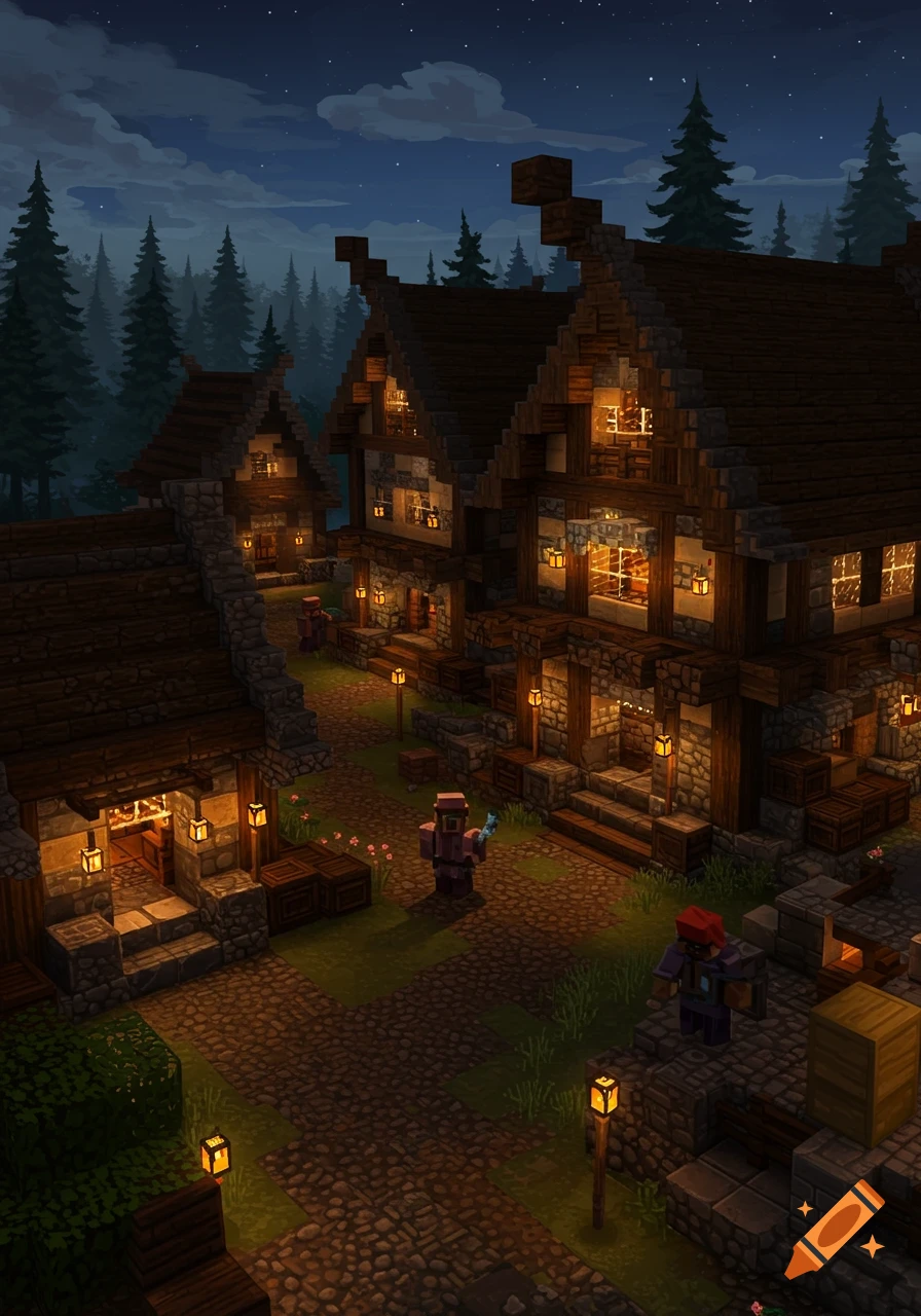 A Minecraft-style medieval village at night, with illuminated stone and wood houses and tall pine trees under a starry sky.