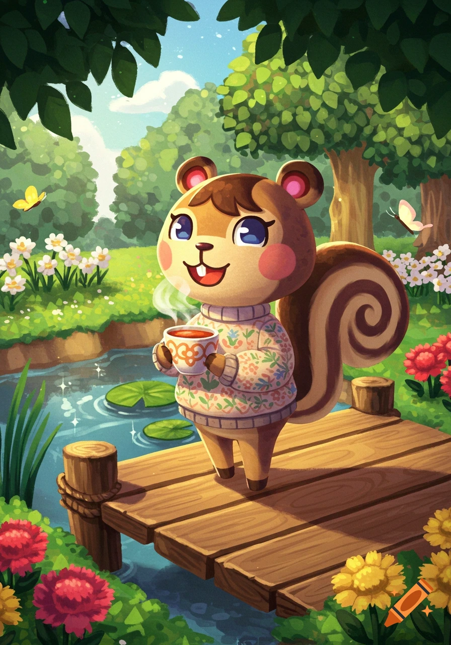 A cute Animal Crossing style squirrel character with big eyes stands on a wooden dock by a pond, holding a steaming cup in a vibrant, cartoon forest scene.