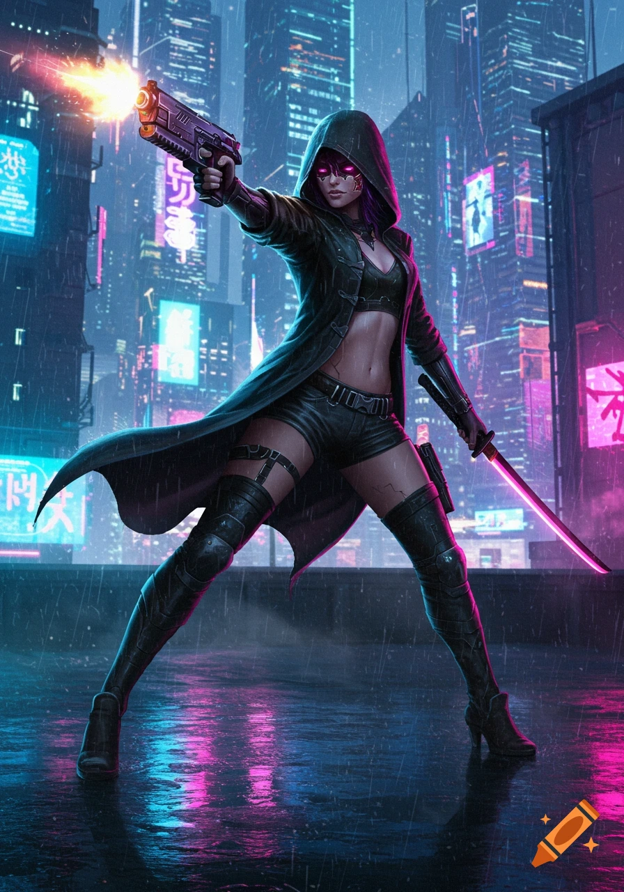 A cyberpunk woman in a hooded coat and shorts shoots a pistol, holding a glowing katana on a rainy city street.