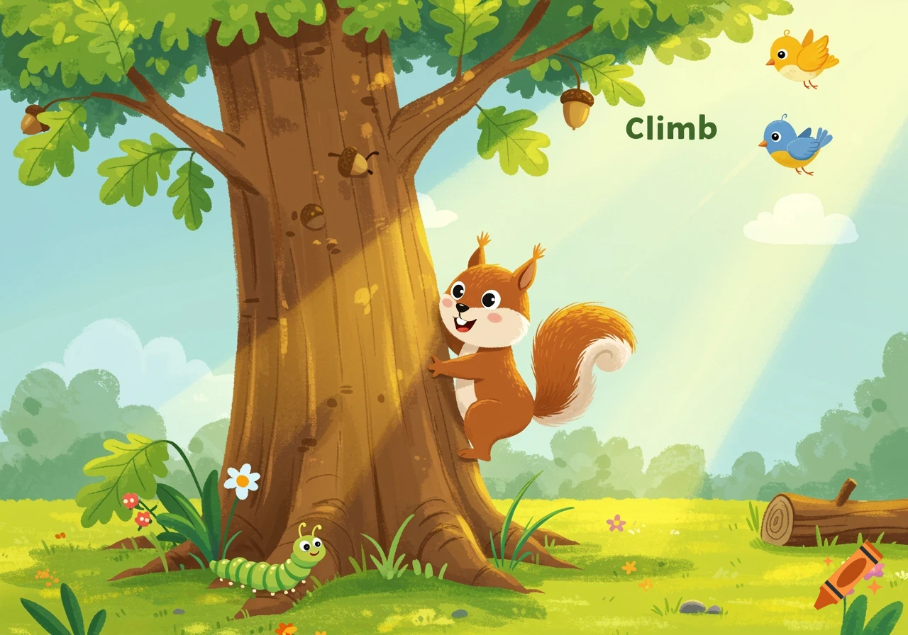 A vibrant child-friendly cartoon of a squirrel climbing a large tree, with a caterpillar, two birds, and the word "Climb" in a sunny forest scene.
