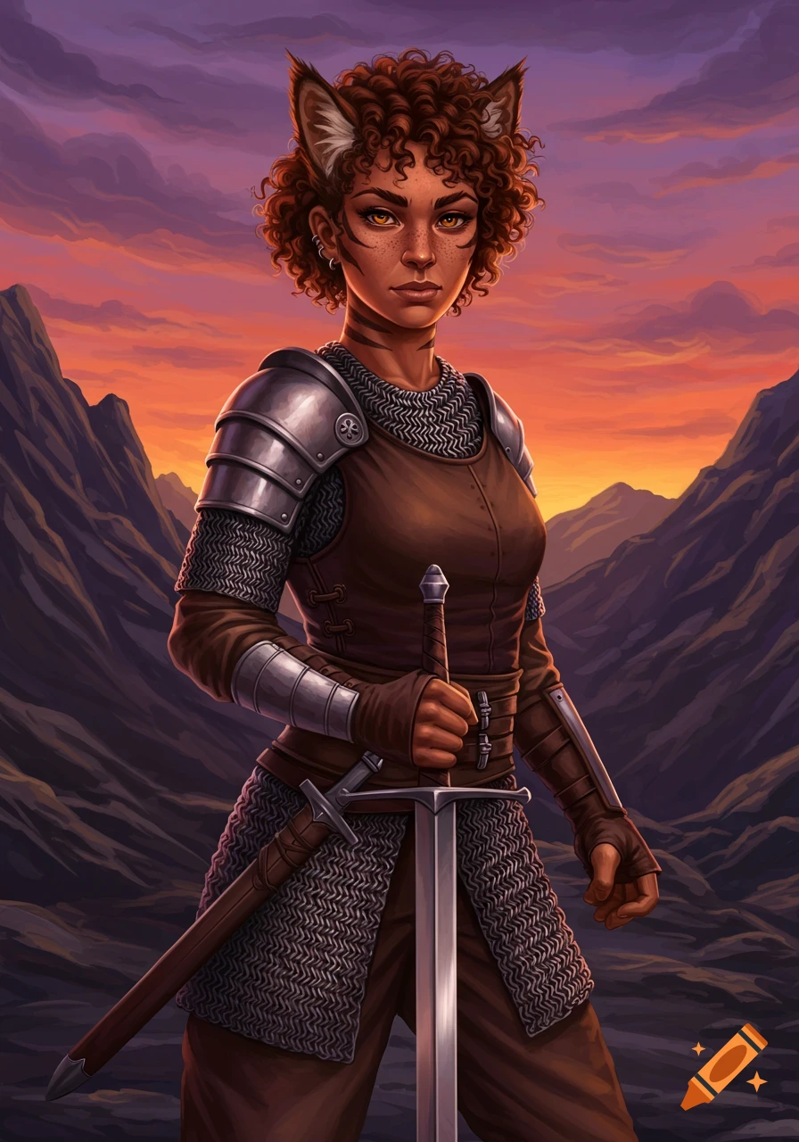 A female warrior with curly brown hair and tiger ears stands in chainmail armor, holding a sword at sunset in a mountain landscape.