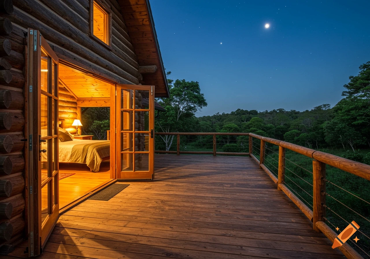 A rustic log cabin at night with French doors open to a deck overlooking a lush forest under a starry sky.