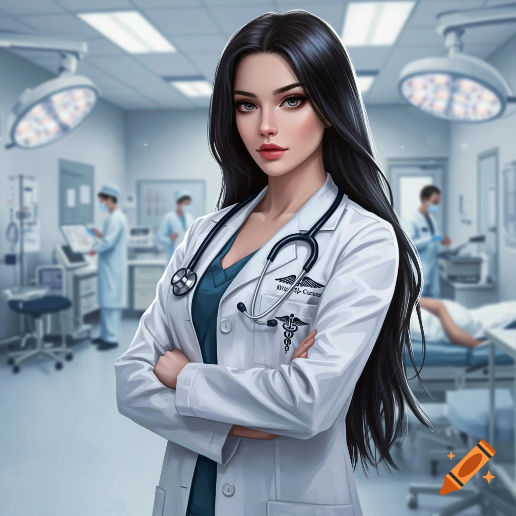 A female doctor with long dark hair wears a white lab coat and stethoscope, standing with crossed arms in a hospital room.