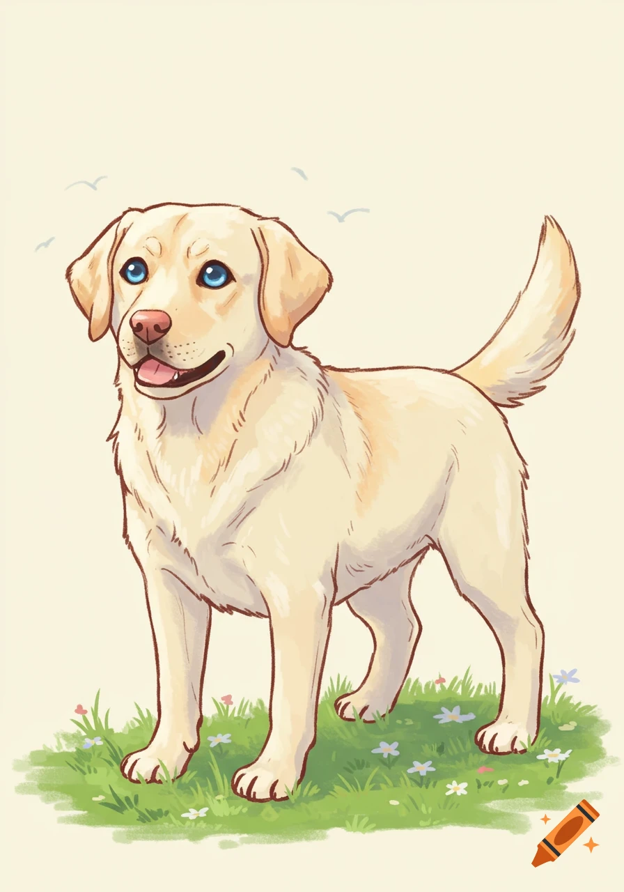 A cute cartoon illustration of a yellow labrador with blue eyes standing in green grass with small flowers.