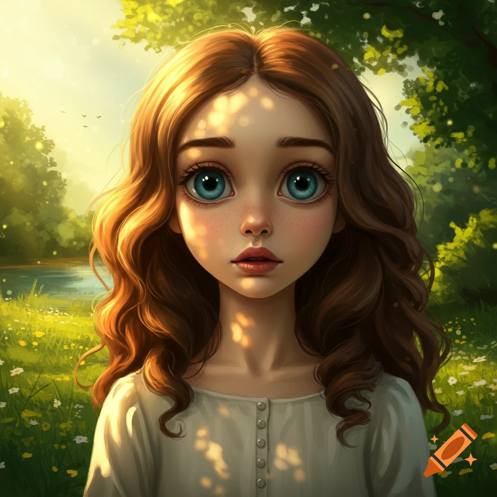 Stylized portrait of a young girl with big blue eyes and wavy brown hair, standing in a sun-dappled field with trees and water.