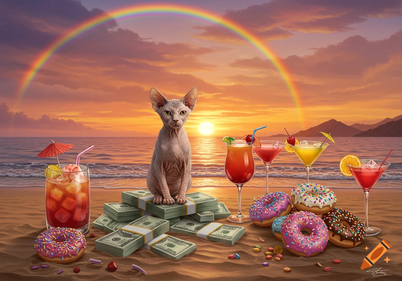 A hairless cat sits on stacks of money on a beach with cocktails and donuts at sunset under a rainbow.