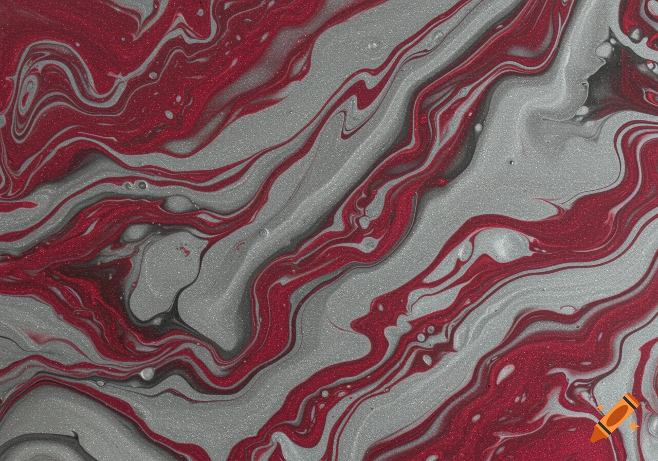 An abstract swirling pattern of metallic red, silver, and dark grey colors, resembling a marble or epoxy floor.