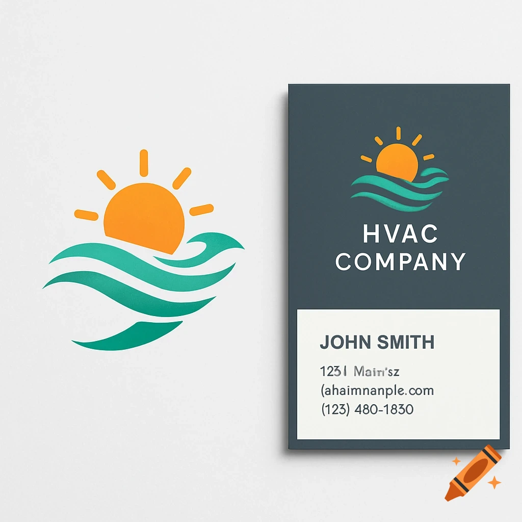 A white background features a sun and wave logo next to a dark business card with the same logo and 'HVAC COMPANY' text.