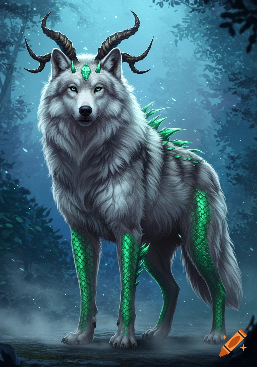 A majestic white wolf with green scales on its legs and back, brown horns,  and glowing green eyes stands in a misty, dark blue forest. on Craiyon, image size:896x1280