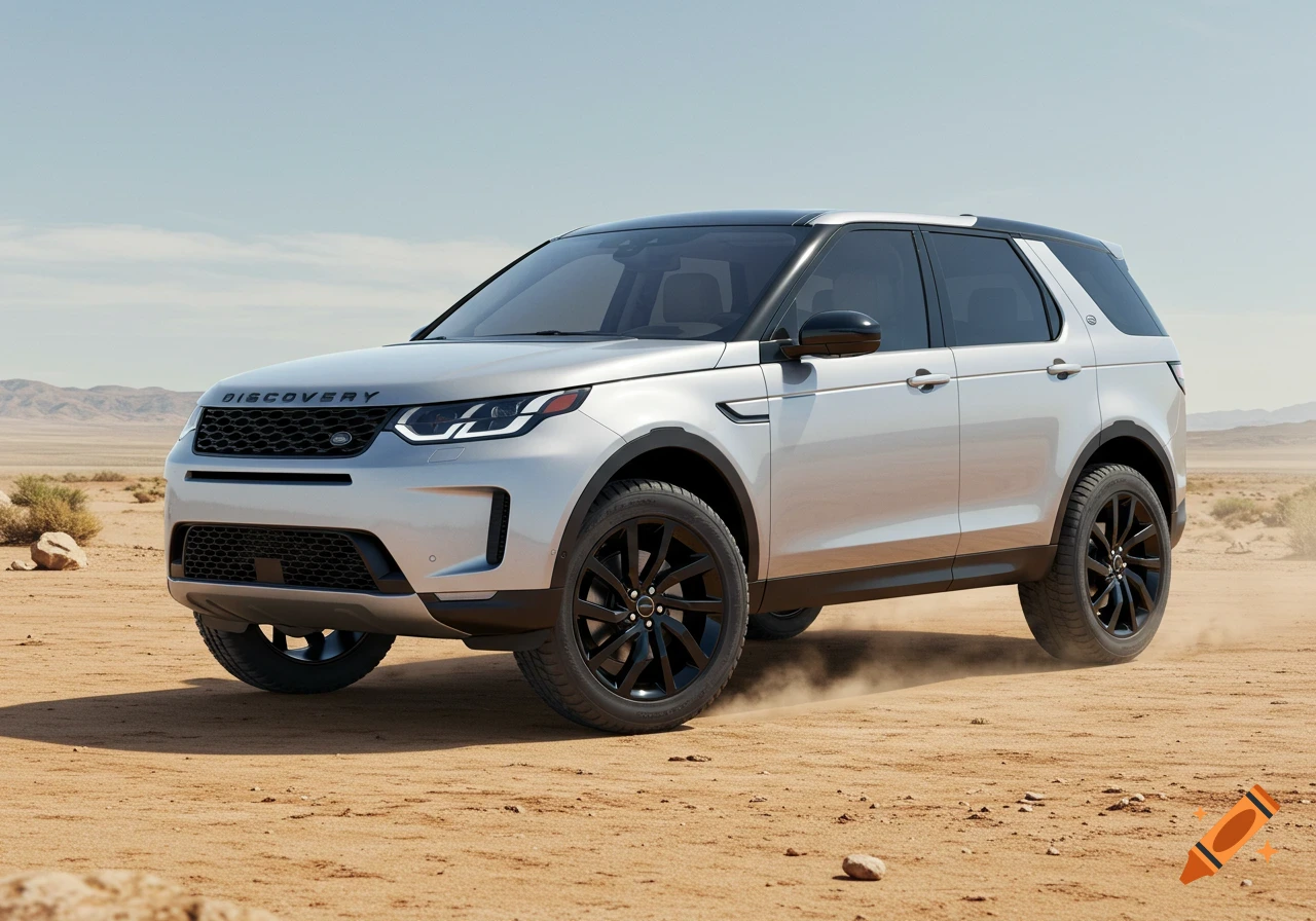 A silver 2021 Land Rover Discovery Sport SUV with black accents drives on a dirt road in a desert landscape under a clear sky.