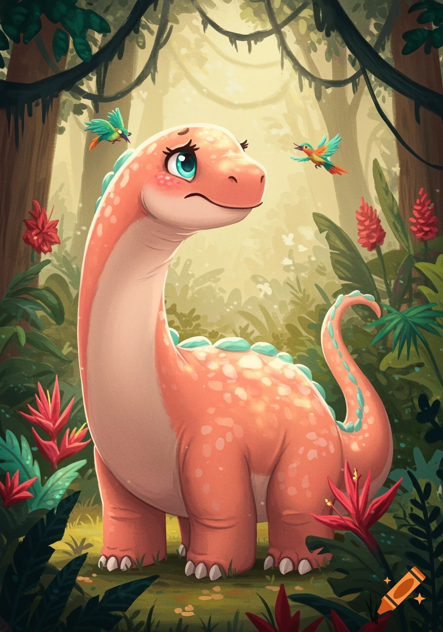 A cute, pink cartoon dinosaur with blue eyes and light green spines stands sadly in a lush jungle with red tropical flowers and two birds.