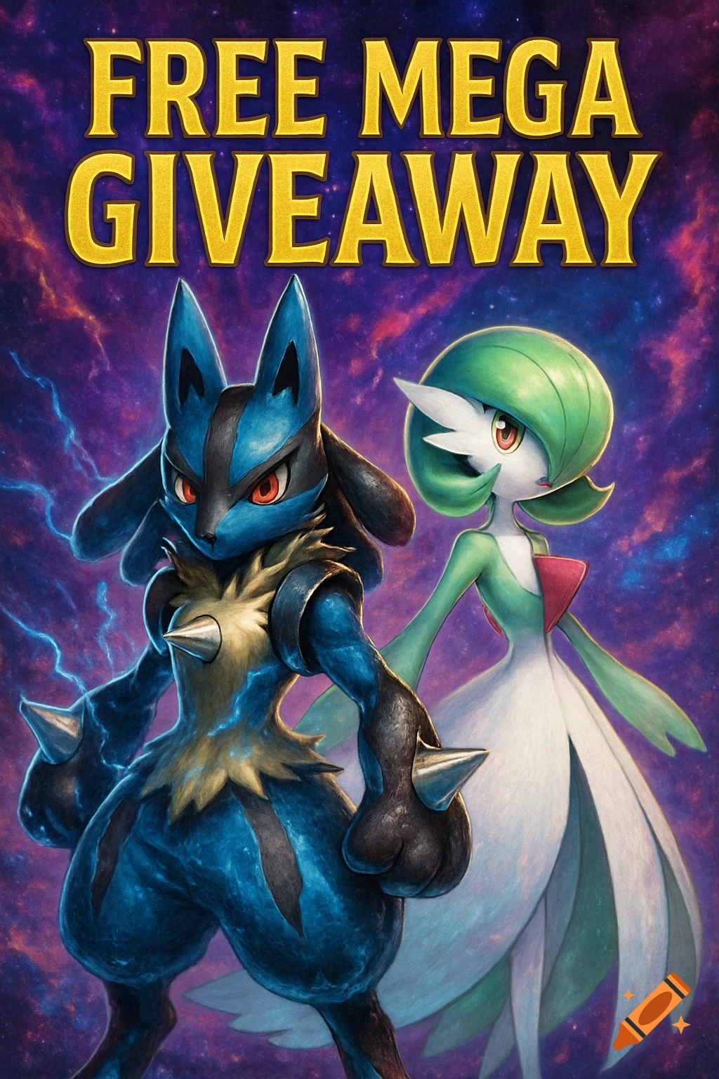 Mega Lucario and Gardevoir stand on a cosmic background with "FREE MEGA GIVEAWAY" text.