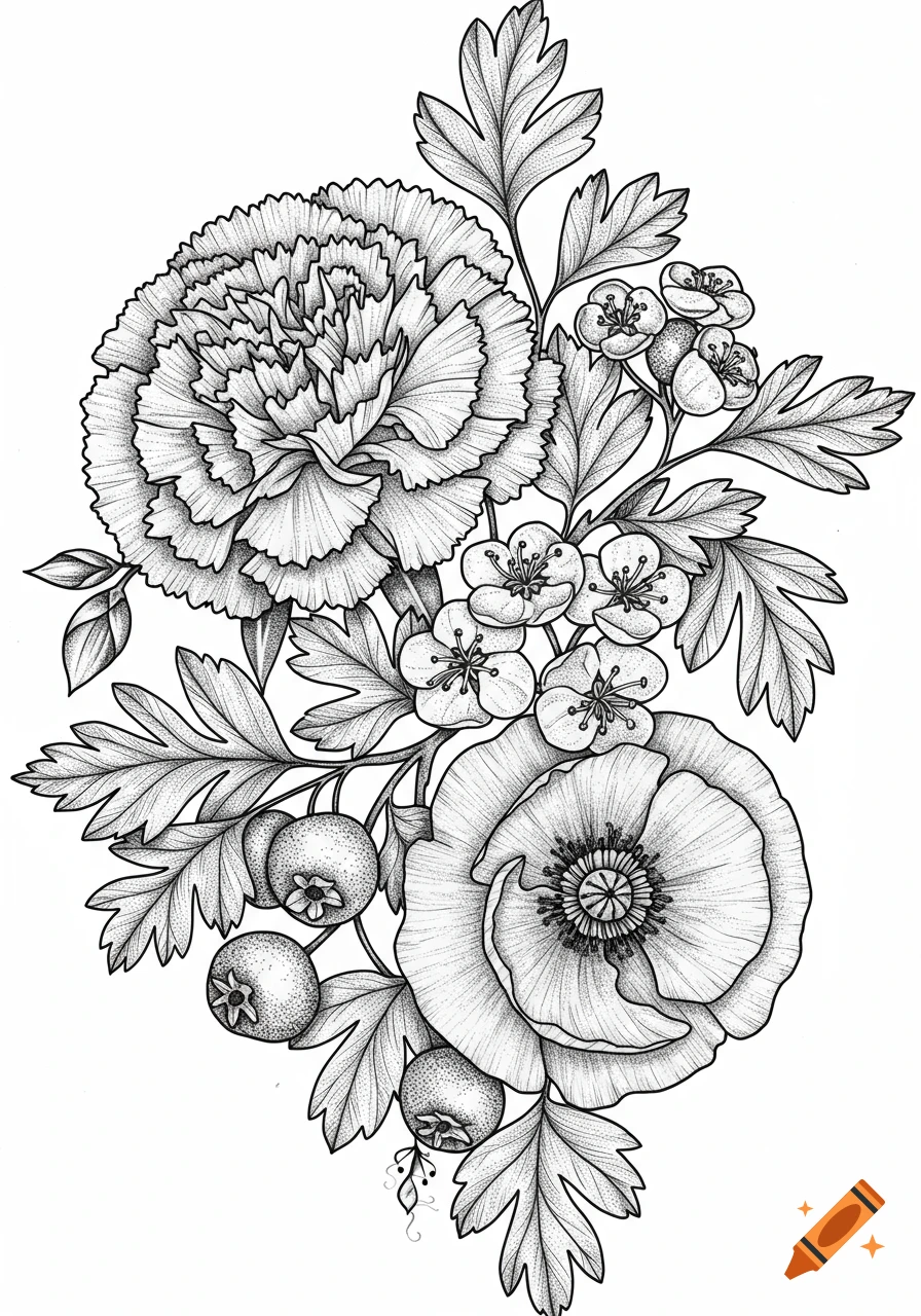 Black and white line art illustration of a carnation, hawthorn blossoms, and a poppy with foliage.