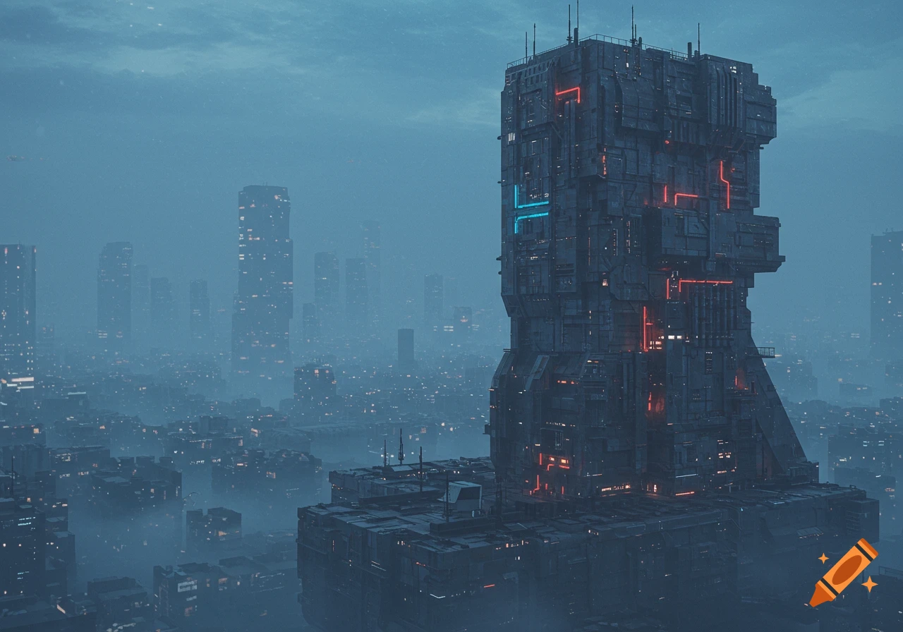A large, dark, blocky sci-fi building with glowing red and blue lights stands in a foggy, industrial cityscape.