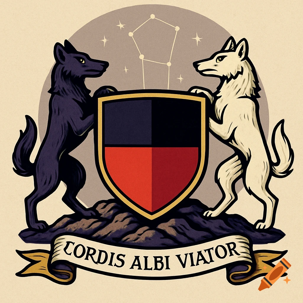Medieval heraldic coat of arms with black and white wolves supporting a red and black shield and a motto scroll.