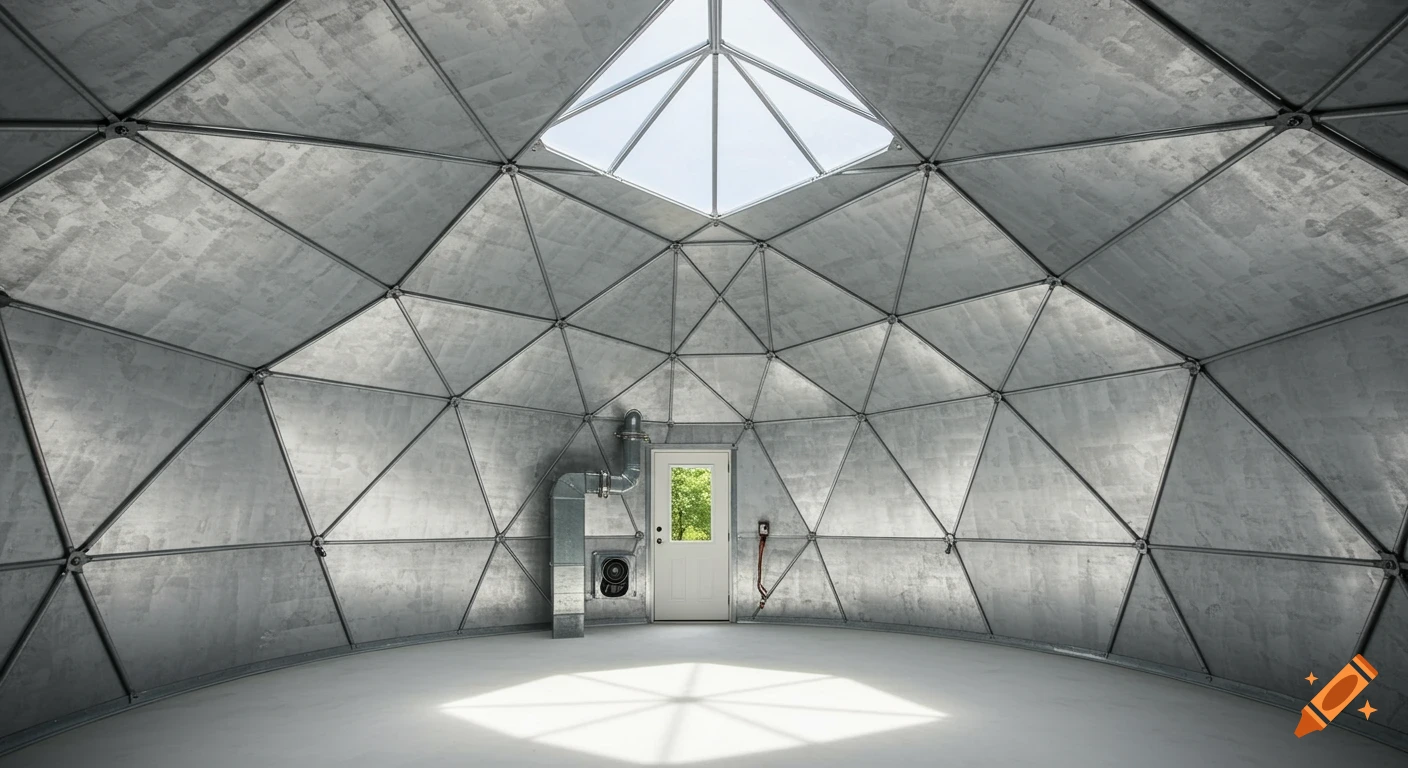 Photorealistic interior of a geodesic dome with a galvanized metal structure, a door to the outside, and a skylight casting geometric shadows on the floor.