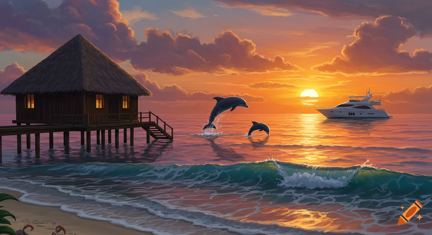 Vibrant digital painting of dolphins jumping in a tropical ocean at sunset, with a stilted bungalow and a yacht.