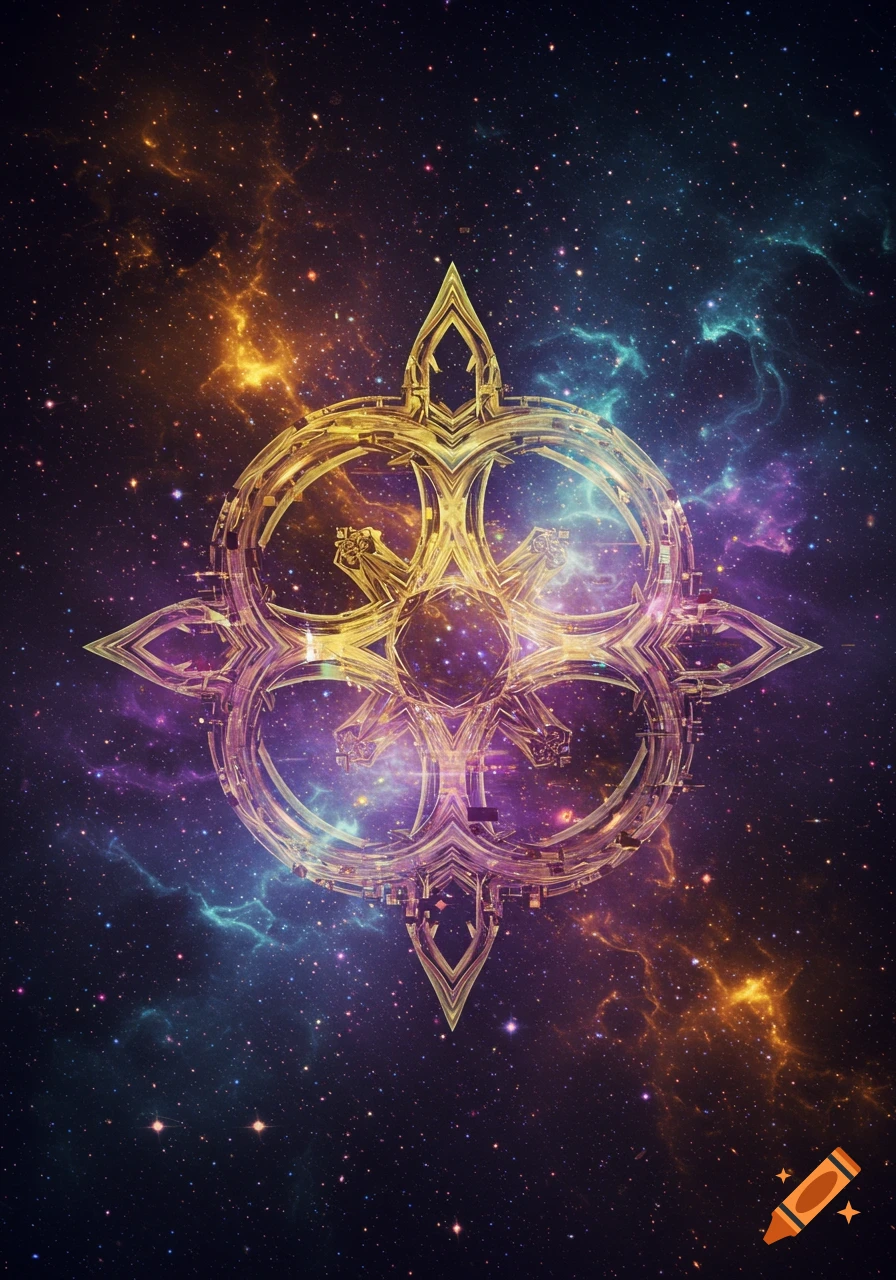An ornate, glowing golden and purple symbol floats in a vibrant cosmic background filled with stars and nebulae.