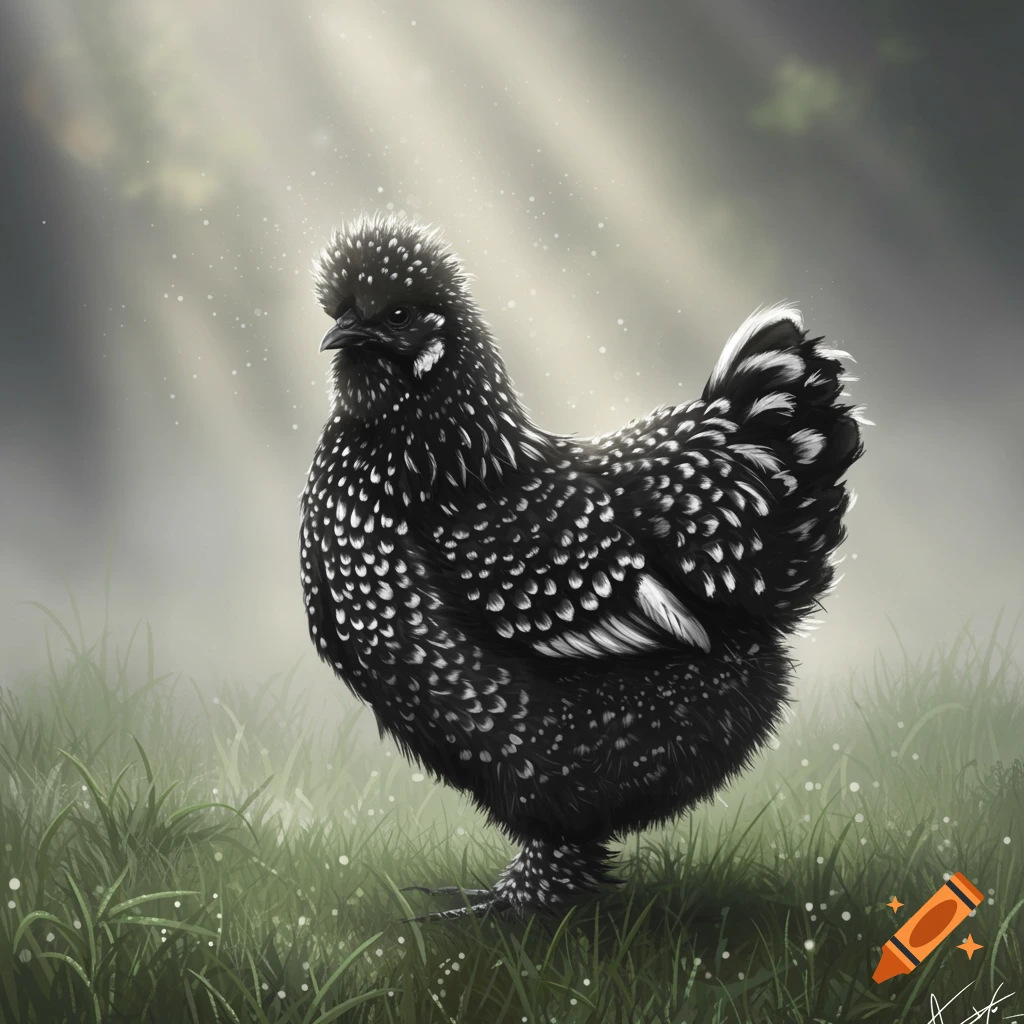 A black and white mottled silkie chicken stands in a grassy field with sun rays shining through trees in the background, digital art.