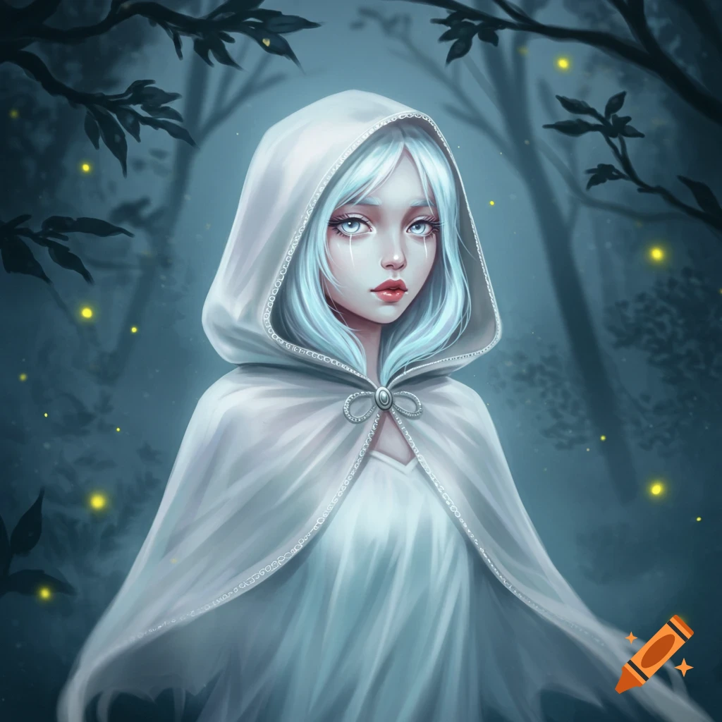 Stylized illustration of a ghost girl with light blue hair and a white hooded cloak in a dark, ethereal forest with glowing lights.