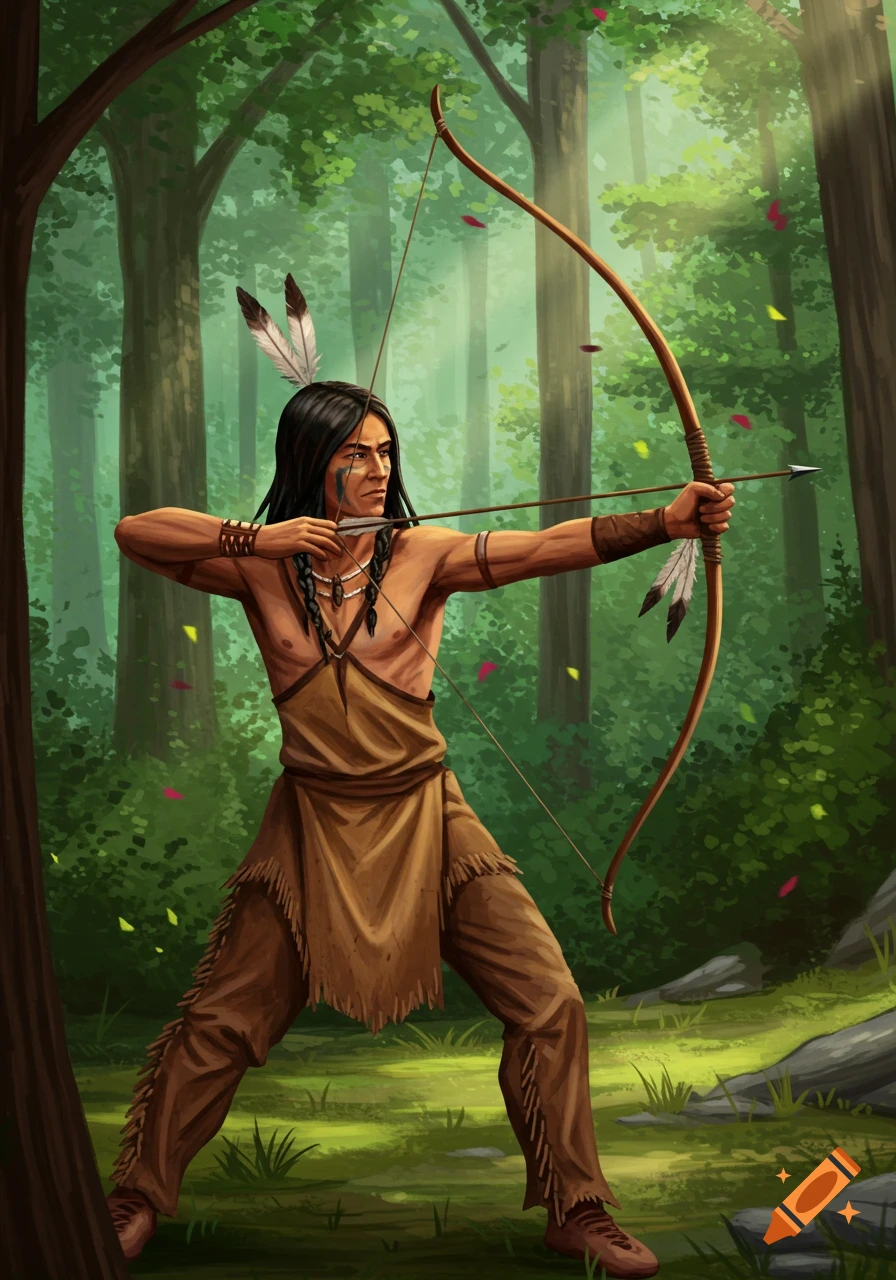 An illustration of a Native American hunter from the Kickapoo tribe in a forest, aiming a bow and arrow.
