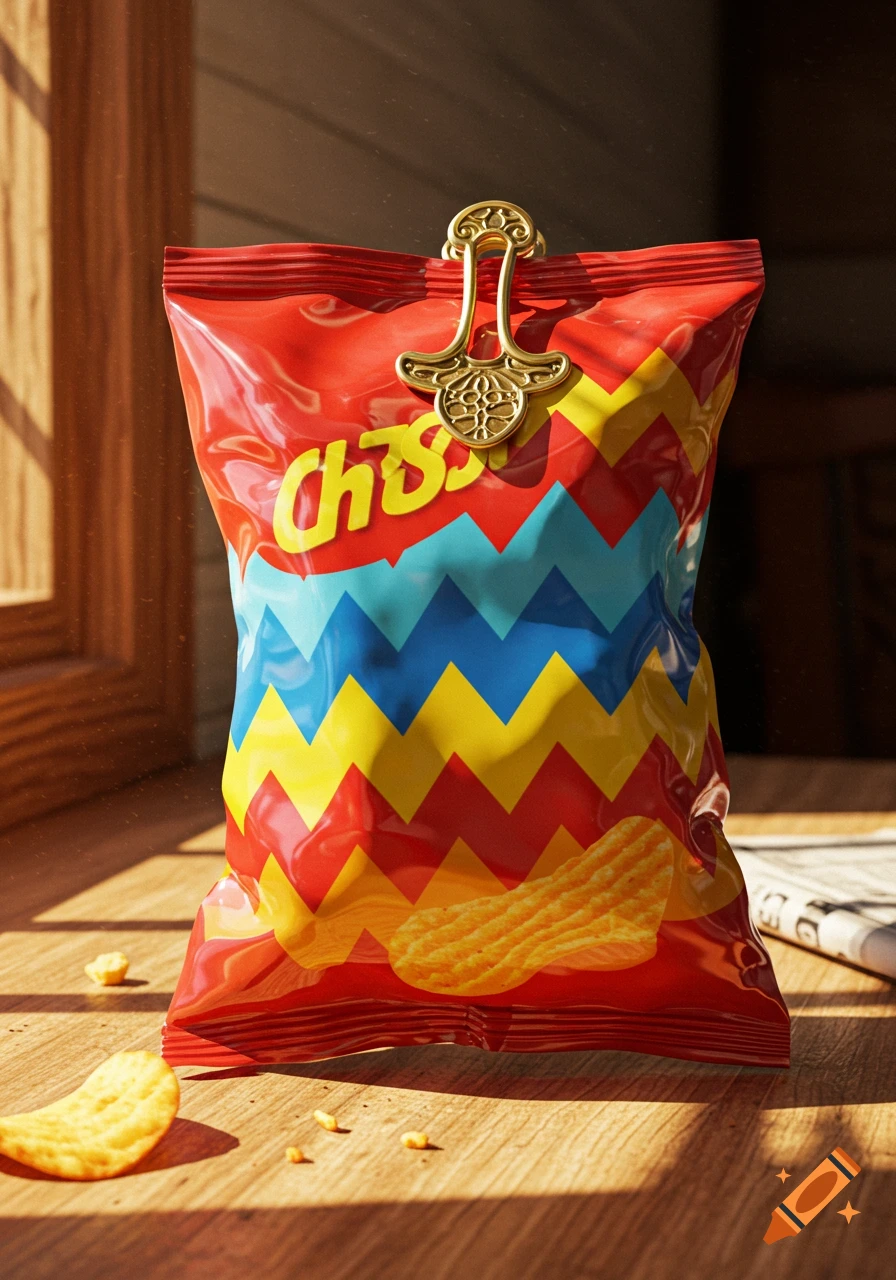 Photorealistic image of a red chips bag with zigzag patterns and a golden clip, sitting on a wooden table with scattered chips.