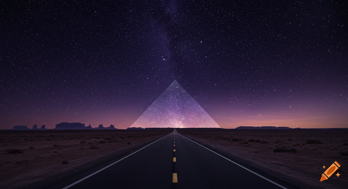 A dark desert road under a star-filled purple night sky, with a transparent, glowing pyramid of stars at the horizon.