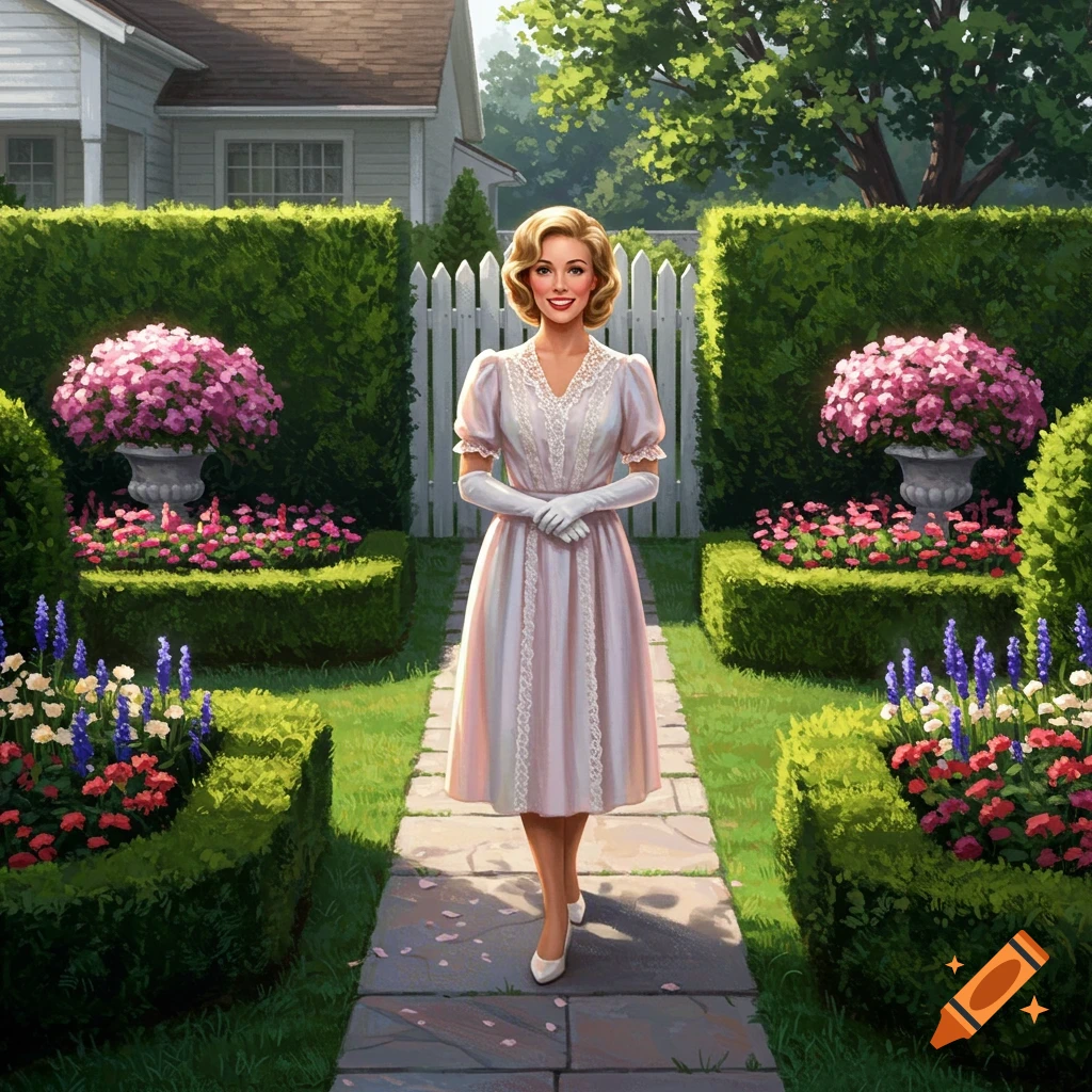 A woman in a light pink dress and white gloves walks down a stone path in a manicured garden with hedges and flowers, in an illustrative style.
