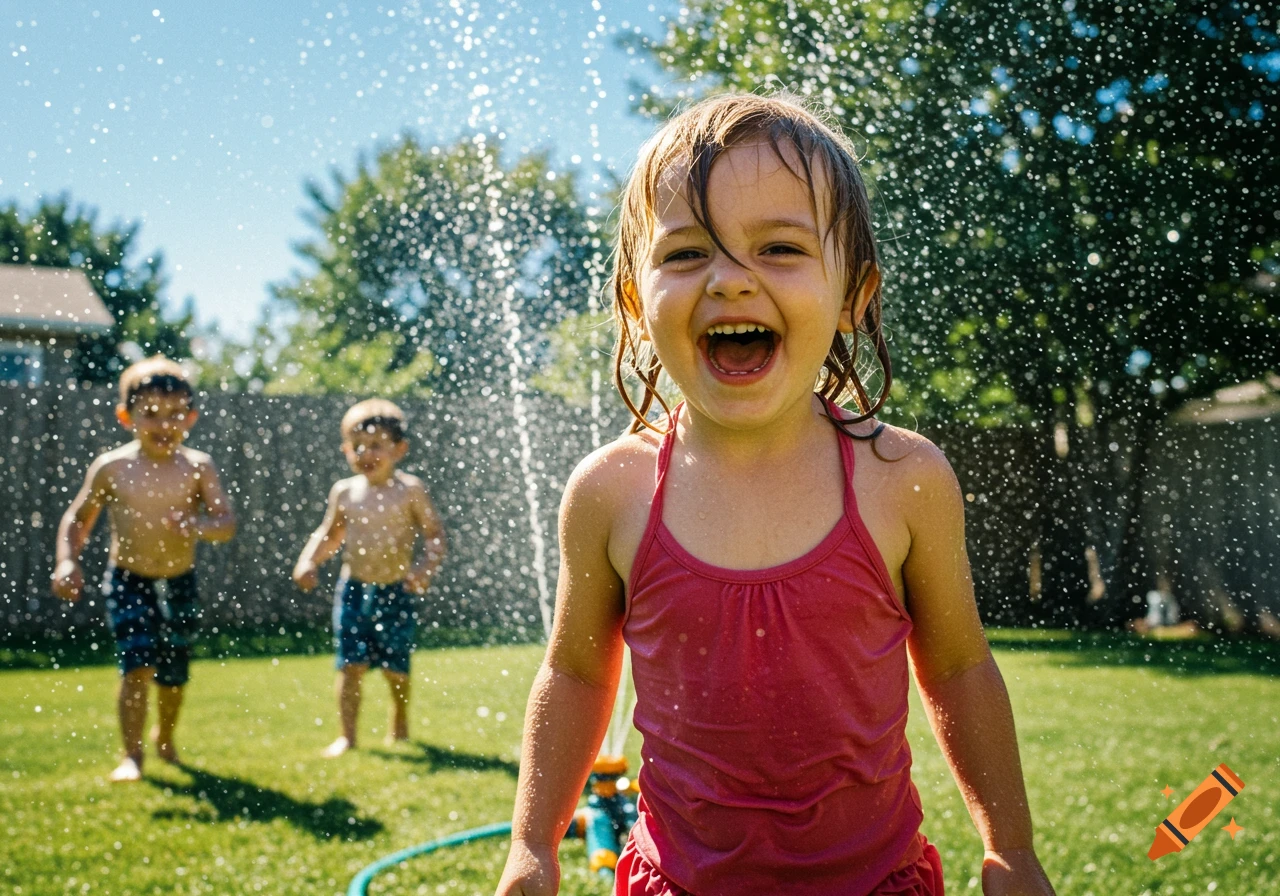A laughing girl in a pink swimsuit plays in a sprinkler on a sunny summer day, with two boys in the background.