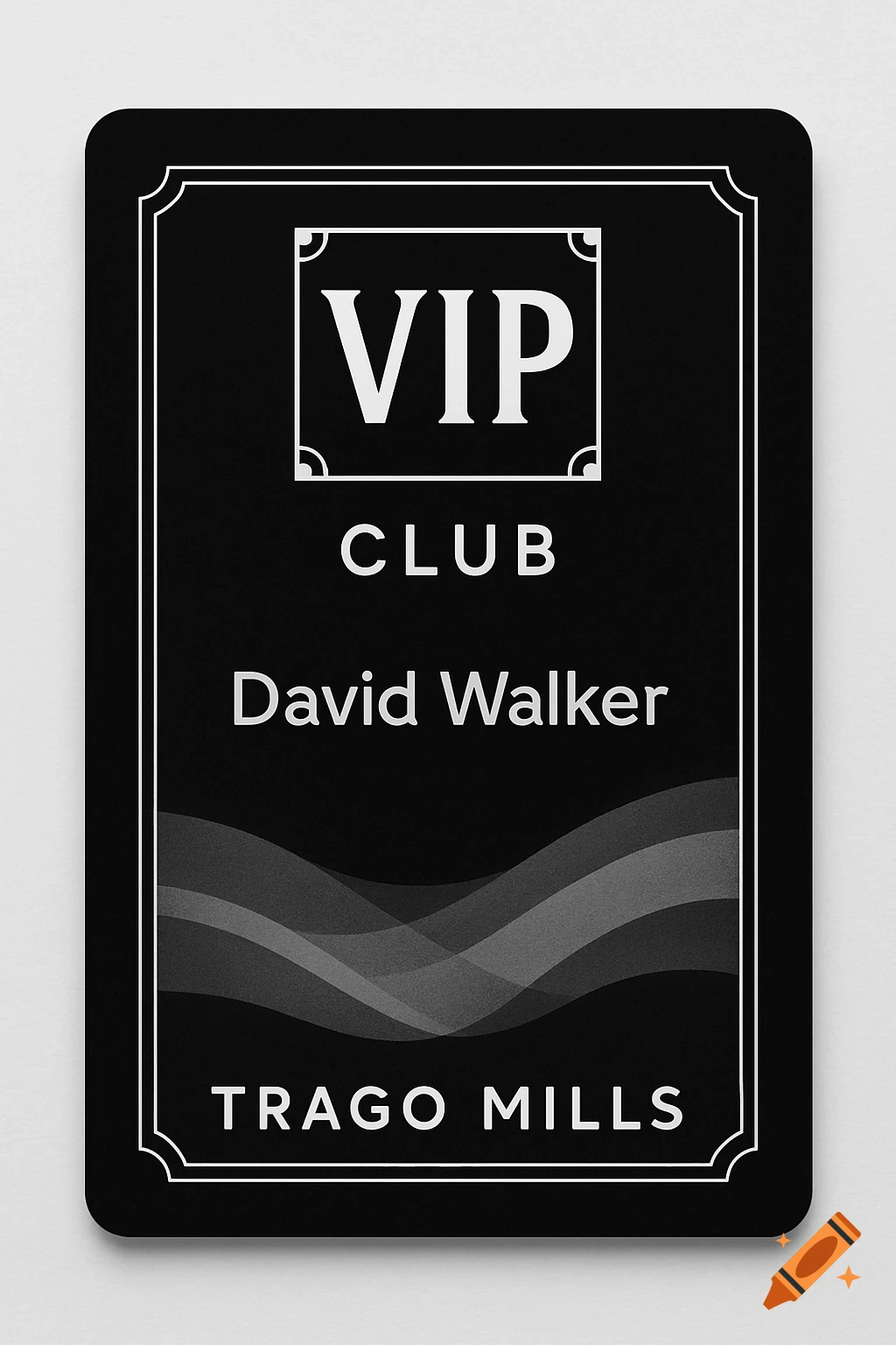 A black and white VIP Club membership card featuring the text "VIP CLUB", "David Walker", and "TRAGO MILLS" in a modern design, set against a light grey background.