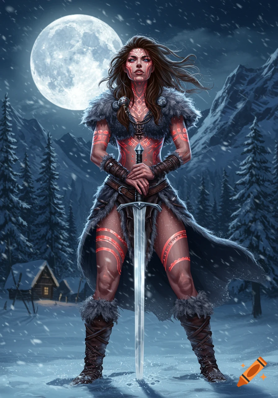 A female warrior with long brown hair and glowing red tattoos stands holding a sword in a snowy mountain landscape under a full moon at night, digital art.