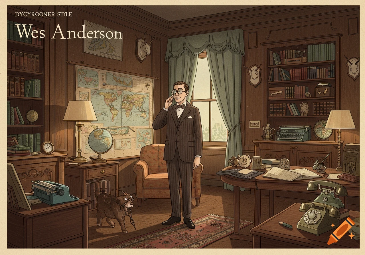 A man with a monocle stands in a vintage Wes Anderson style study with a cat, bookshelves, a world map, and old phones.