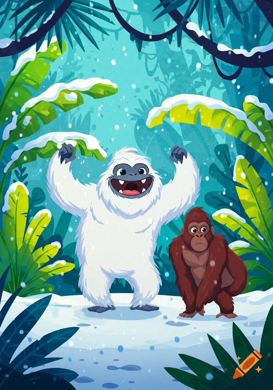 A happy cartoon Yeti dances in a snowy jungle while a confused brown gorilla stands nearby.