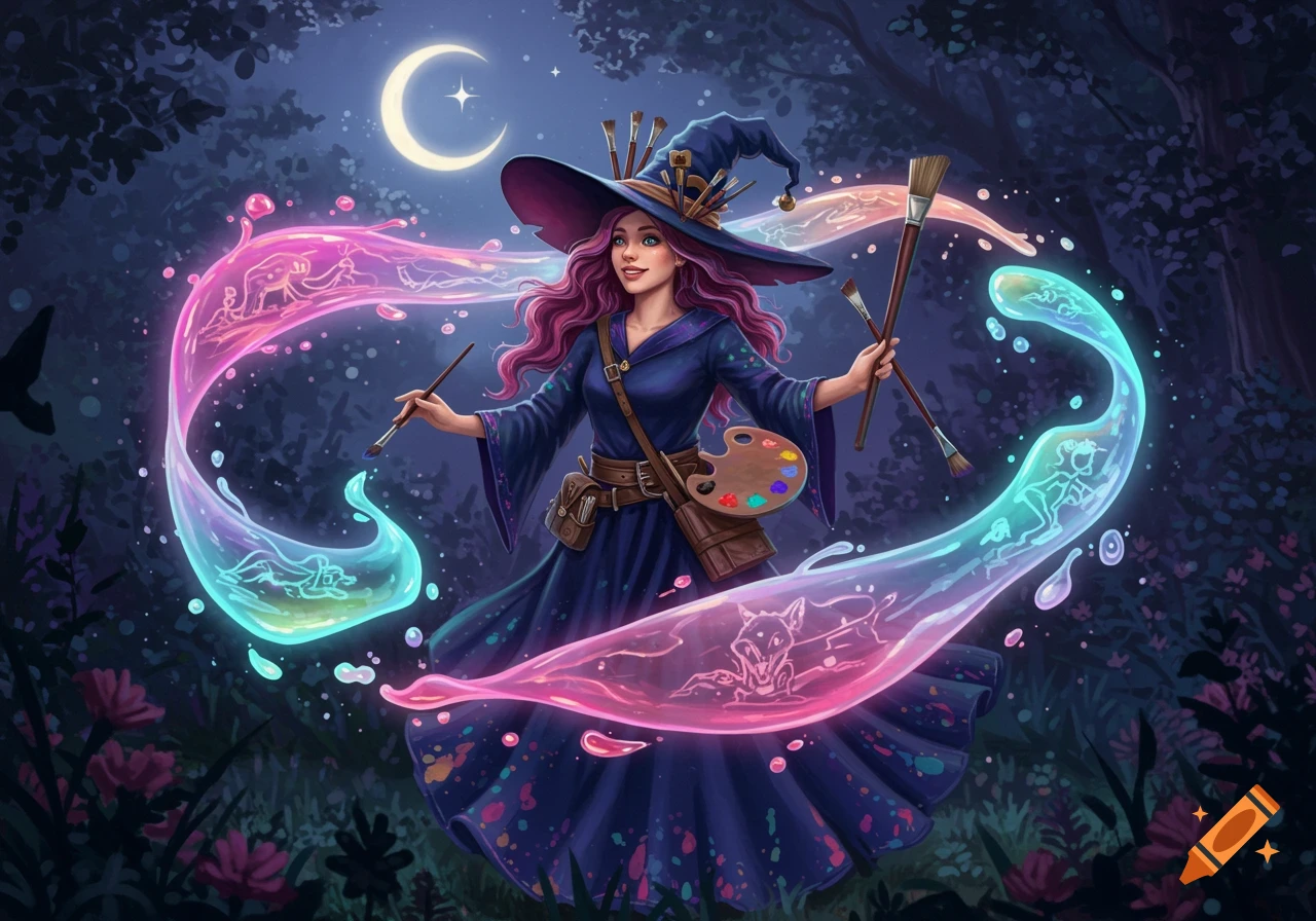 A witch with purple hair, wearing a blue dress and hat, holds paintbrushes and a palette, creating magic with glowing paint streams.