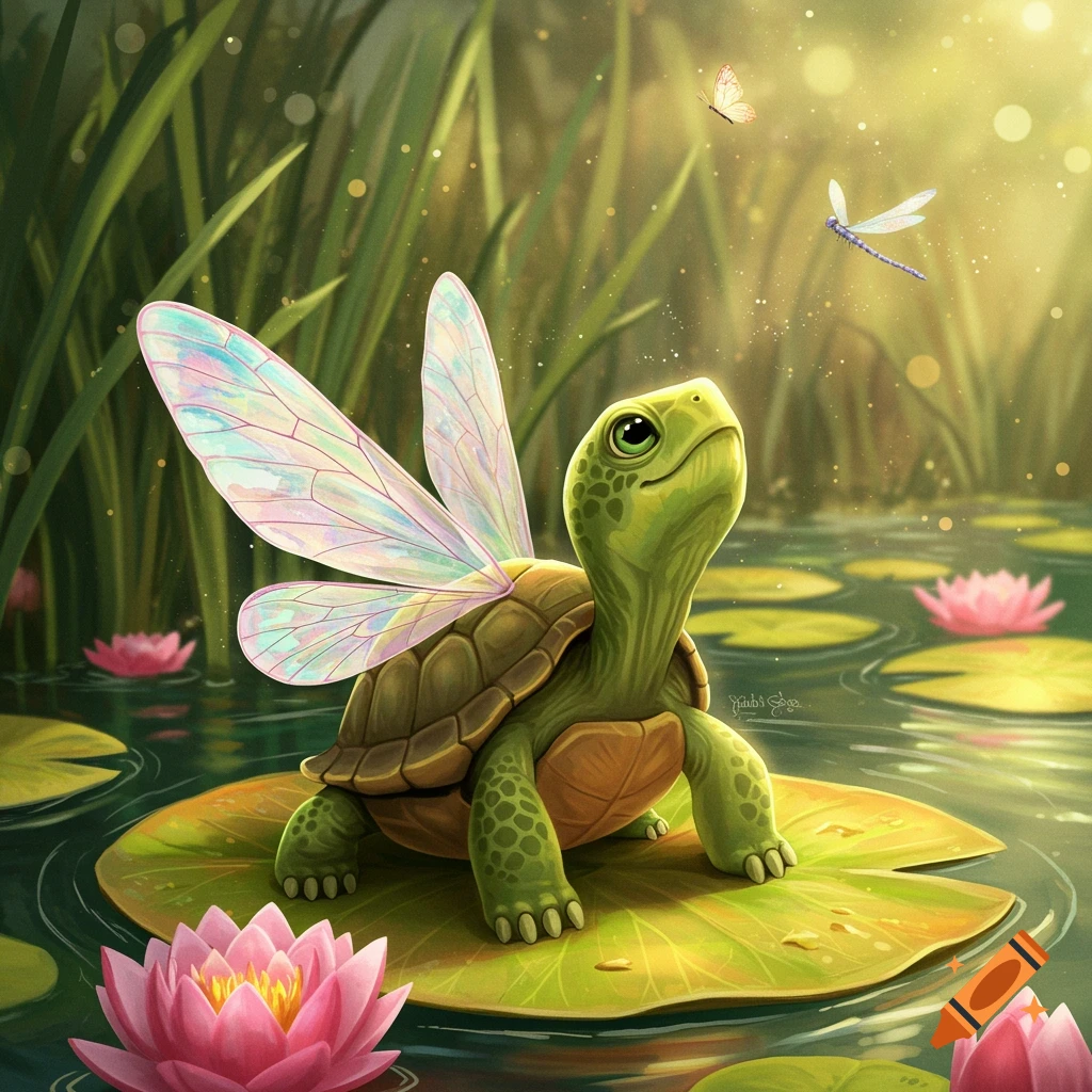 A cute green turtle with iridescent fairy wings sits on a lily pad in a pond surrounded by pink water lilies and tall grass. A butterfly and dragonfly fly nearby. Illustrated fantasy art.