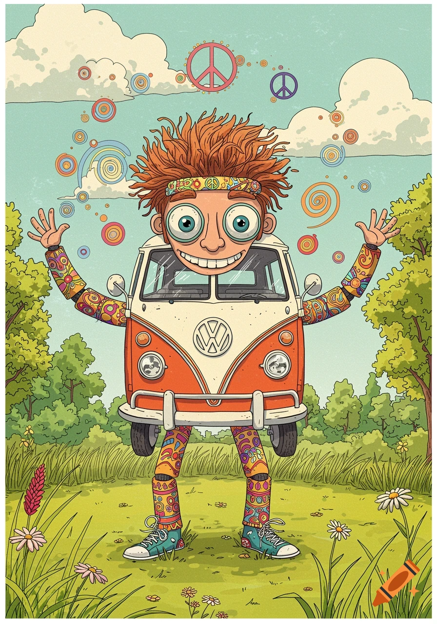 A cheerful cartoon man made from an orange and white VW bus, with big eyes, spiky red hair, and a peace sign bandana, stands in a grassy field.