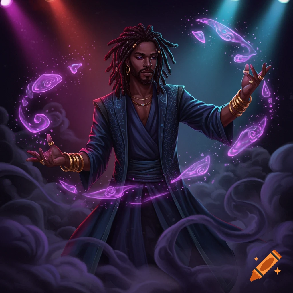 A dark-skinned man with dreadlocks, wearing a blue robe, stands surrounded by swirling purple magical energy and smoke in a spotlighted, dark setting.