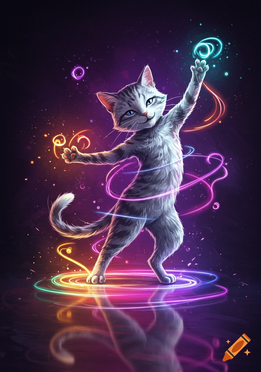 A vibrant digital art image of a gray tabby cat dancing and conjuring colorful neon light swirls on a reflective dark surface.