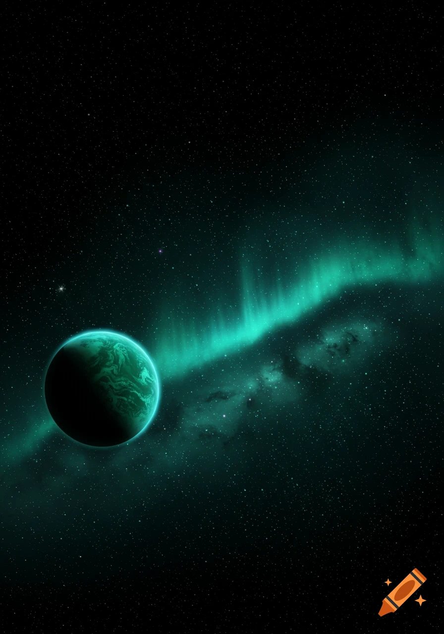 A vibrant green planet with a glowing ring, set against a dark starry sky with a bright green aurora.