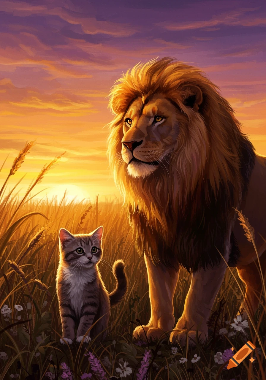 A small tabby cat and a large lion stand together in a field of tall grass during a vibrant sunset, in a painted style.