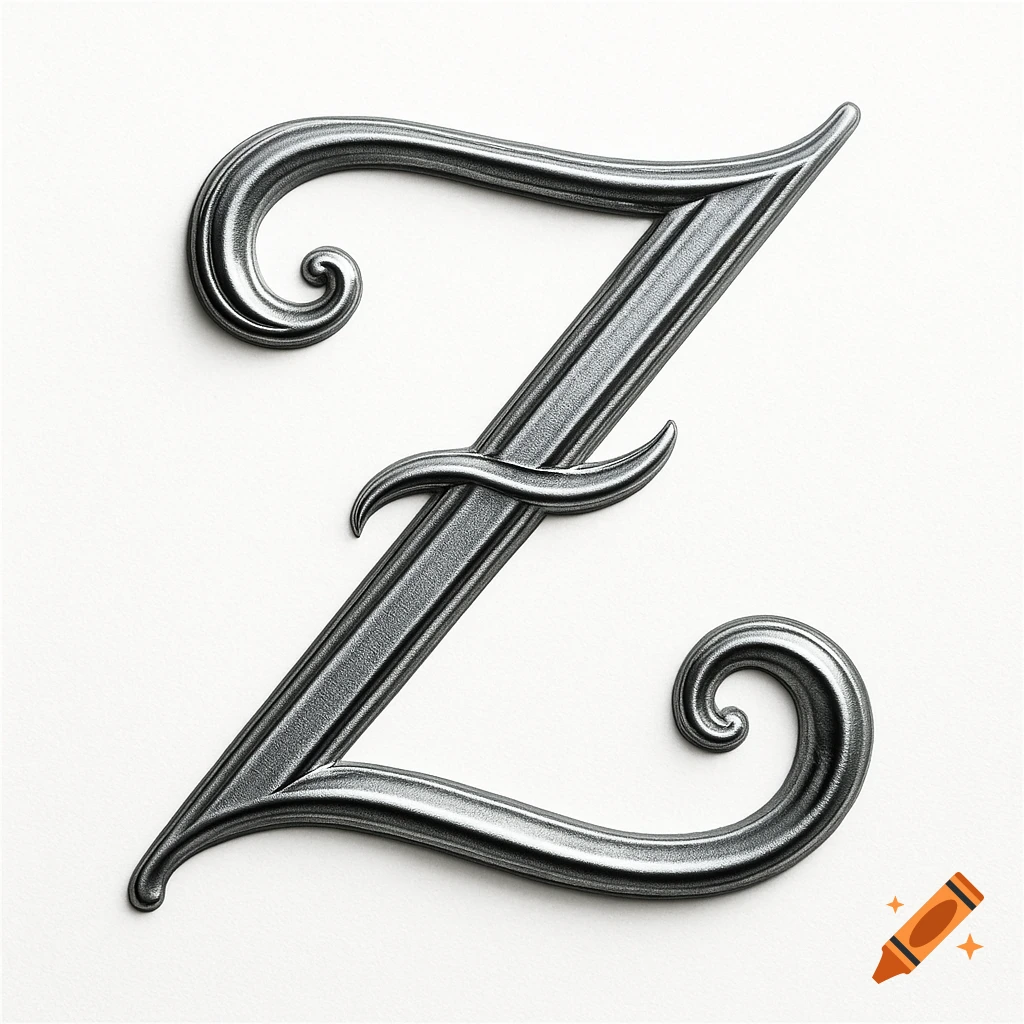 A fancy, silver-colored capital Z letter with ornate swirls, rendered with a metallic texture on a white background.
