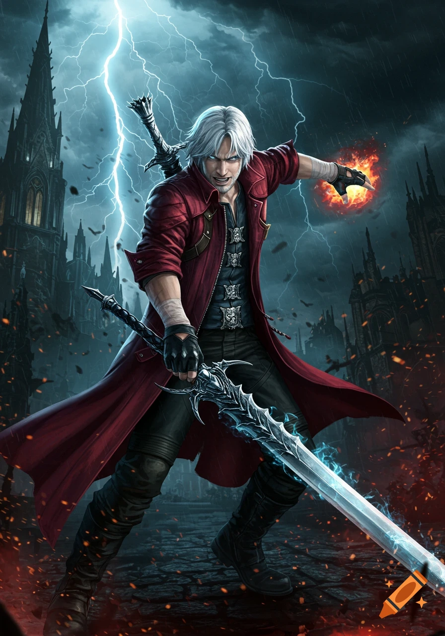A white-haired man in a red coat holding a large sword, with lightning overhead and fire in his hand, in a dark fantasy setting.