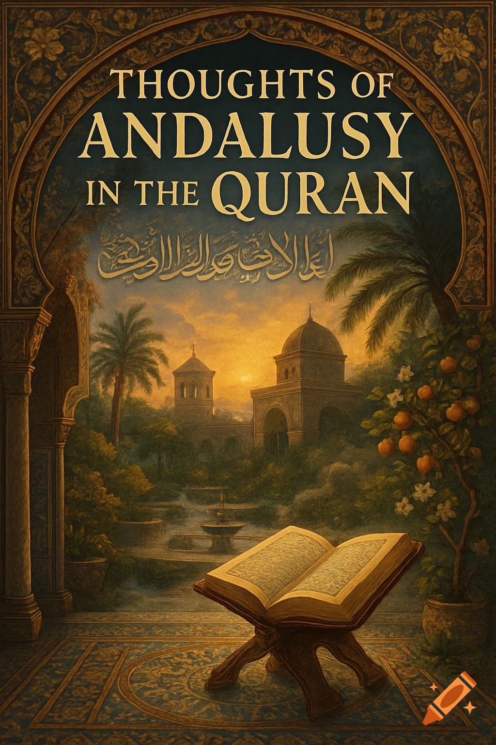 An ornate book cover featuring the title "THOUGHTS OF ANDALUSY IN THE QURAN" above a landscape with a mosque and garden at sunset, and an open book on a stand in the foreground.
