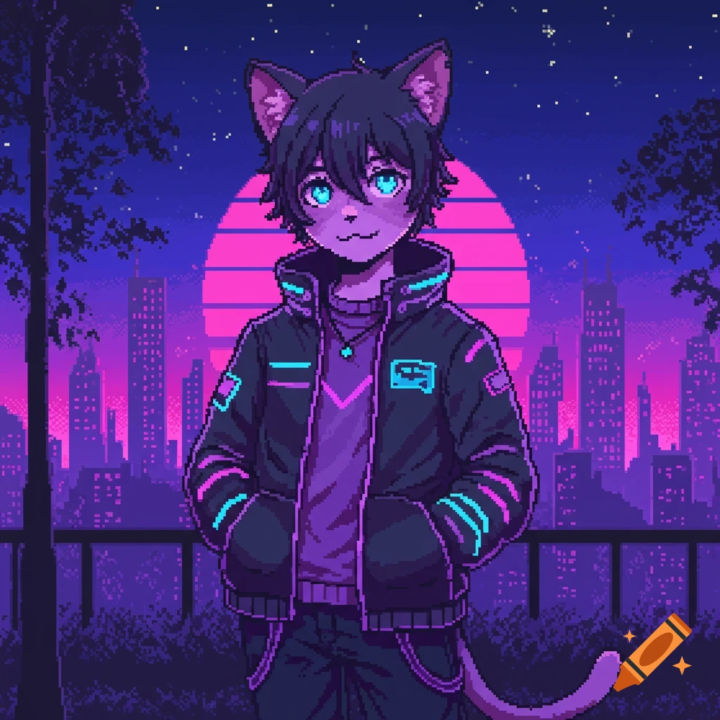A pixel art catboy with black hair and blue eyes stands against a purple and pink cyberpunk city skyline at night.
