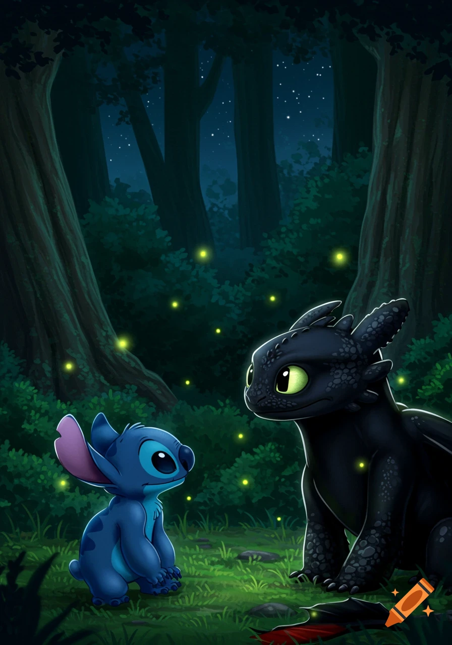 Stitch and Toothless sitting in a dark, magical forest at night, surrounded by glowing fireflies and stars.