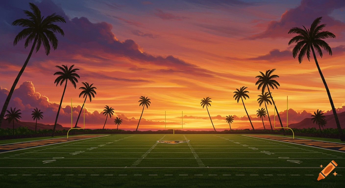 A football field at sunset, framed by palm trees, with a vibrant orange and purple sky.