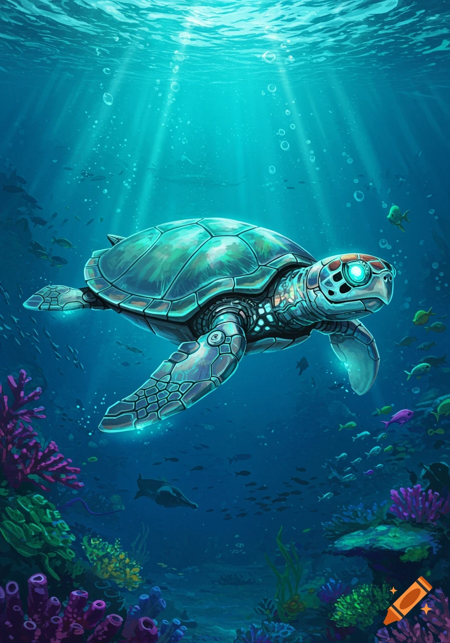 A detailed illustration of a futuristic robot turtle swimming in a vibrant underwater coral reef, with schools of fish and sunbeams filtering from above.